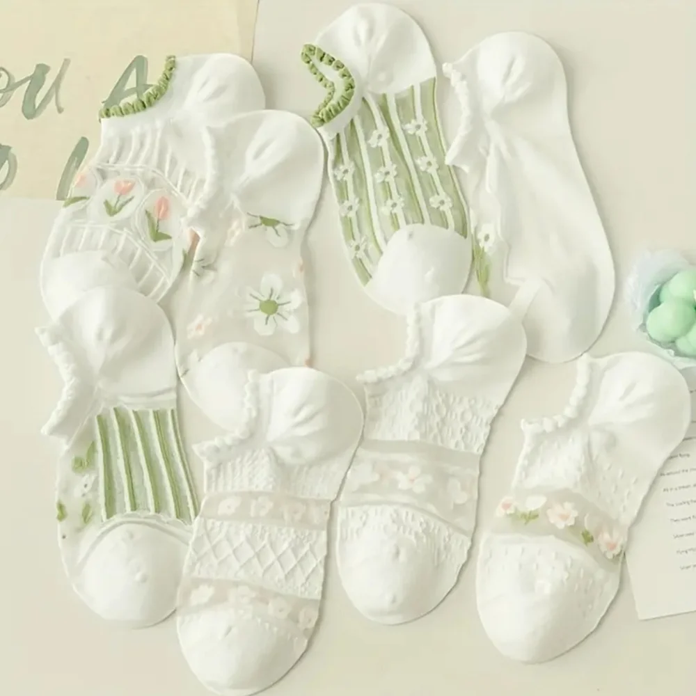 New 8 Pairs Floral Print Socks, Sweet & Cute Lettuce Trim Mesh Ankle Soc…